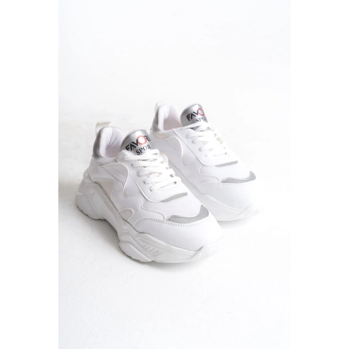 TOKYO Bağcıklı Ortopedik Taban Triko Detaylı Kadın Spor Ayakkabı  TBT - Beyaz/Gri