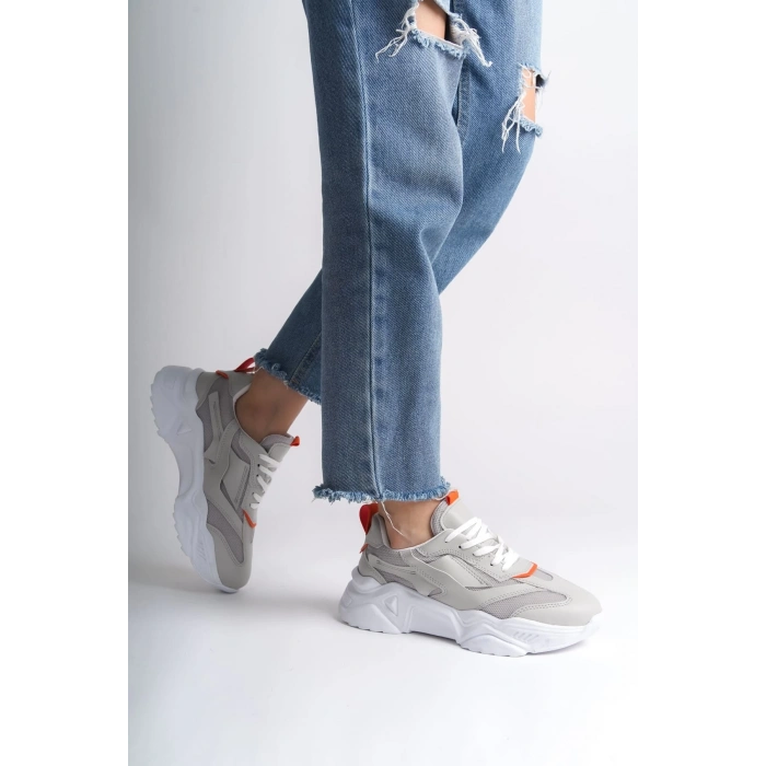 TOKYO Bağcıklı Ortopedik Taban Triko Detaylı Kadın Spor Ayakkabı  TBT - Gri/Turuncu