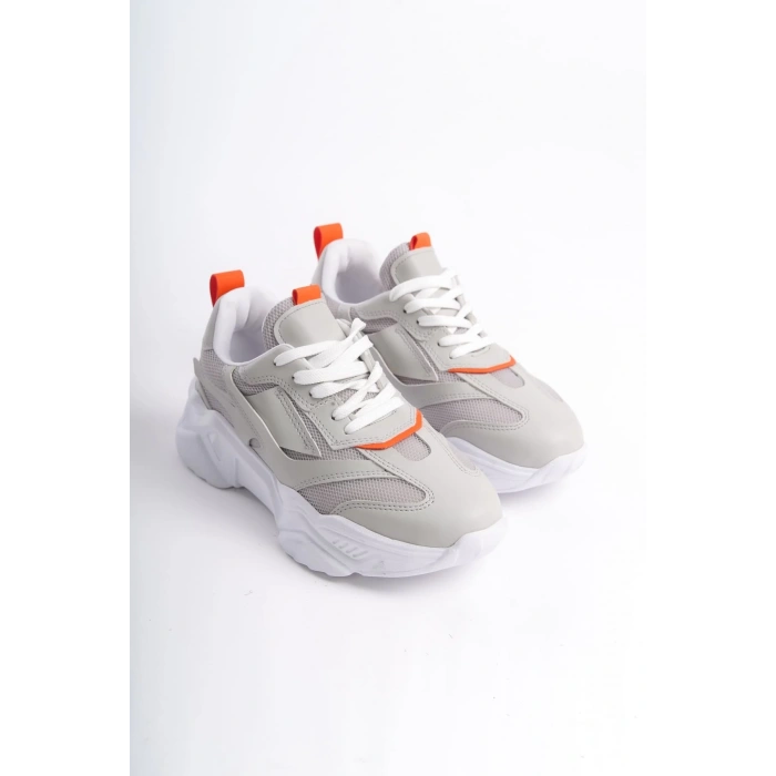 TOKYO Bağcıklı Ortopedik Taban Triko Detaylı Kadın Spor Ayakkabı  TBT - Gri/Turuncu