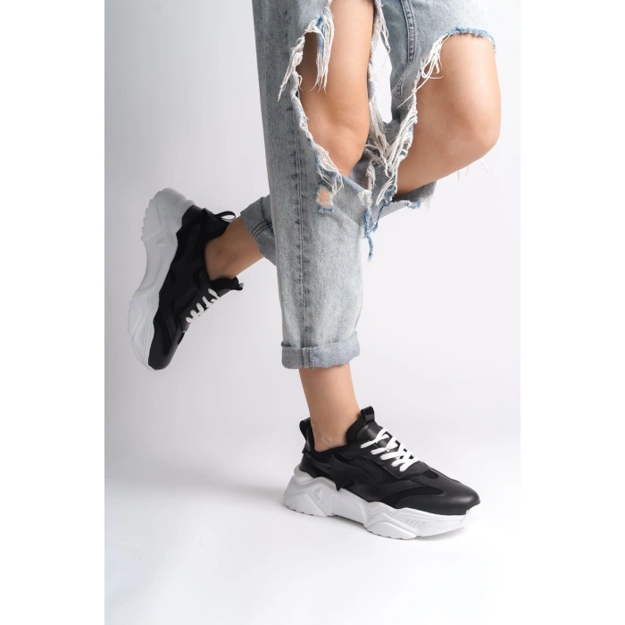 TOKYO Bağcıklı Ortopedik Taban Triko Detaylı Kadın Spor Ayakkabı  TBT - Siyah