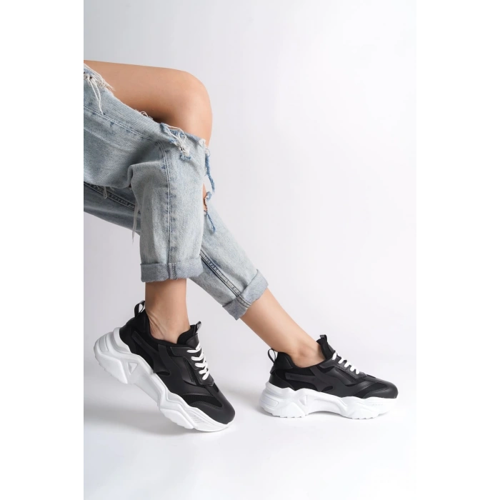 TOKYO Bağcıklı Ortopedik Taban Triko Detaylı Kadın Spor Ayakkabı  TBT - Siyah