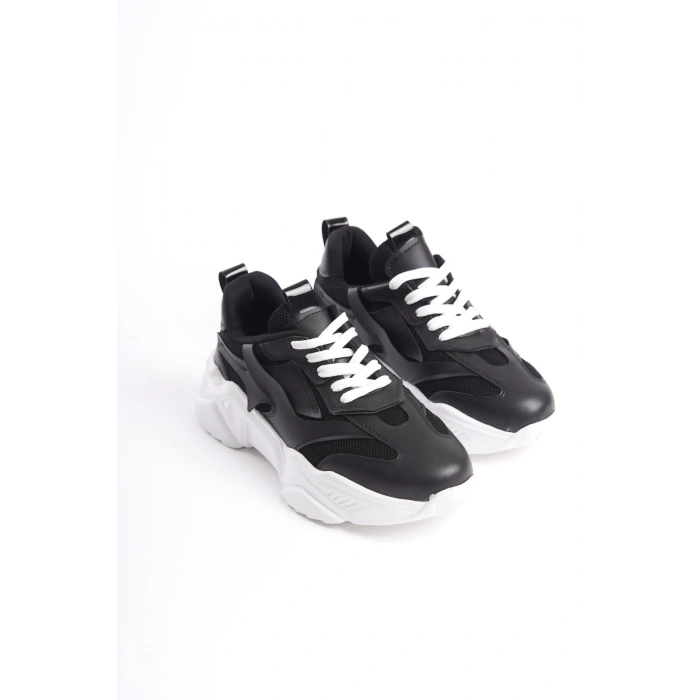 TOKYO Bağcıklı Ortopedik Taban Triko Detaylı Kadın Spor Ayakkabı  TBT - Siyah