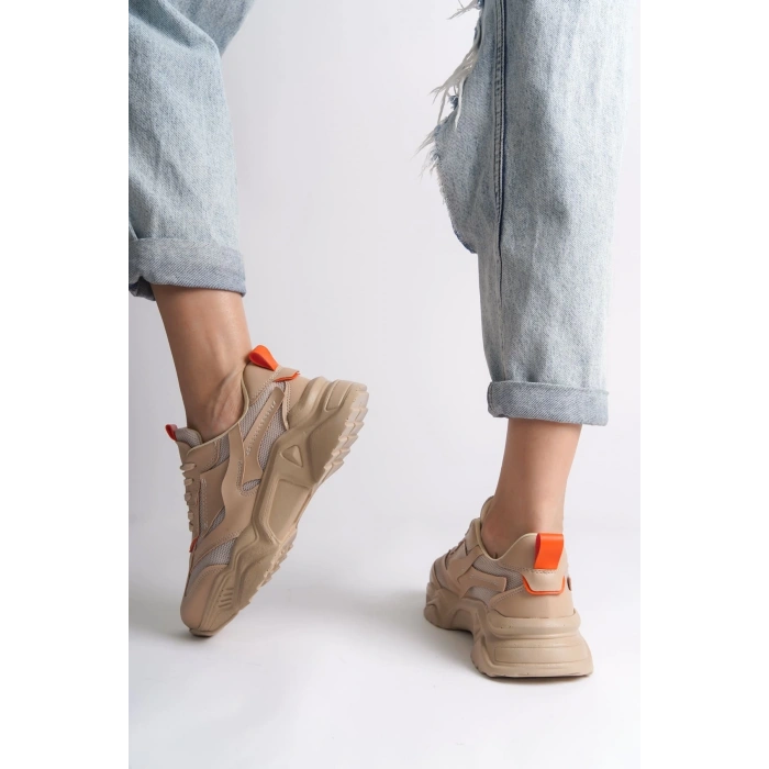 TOKYO Bağcıklı Ortopedik Taban Triko Detaylı Kadın Spor Ayakkabı  TTT - Ten/Turuncu