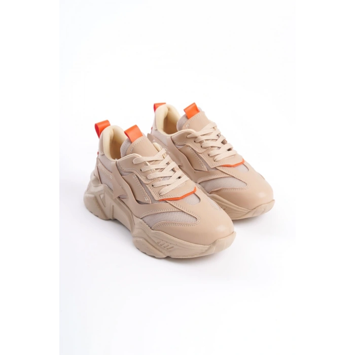 TOKYO Bağcıklı Ortopedik Taban Triko Detaylı Kadın Spor Ayakkabı  TTT - Ten/Turuncu