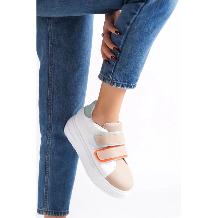 VALENCIA Bağcıksız Cırt Cırtlı Ortopedik Taban Kadın Sneaker Spor Ayakkabı CBT - Beyaz/Ten/Mavi