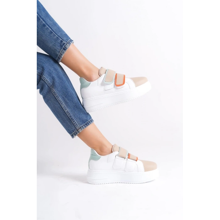 VALENCIA Bağcıksız Cırt Cırtlı Ortopedik Taban Kadın Sneaker Spor Ayakkabı CBT - Beyaz/Ten/Mavi