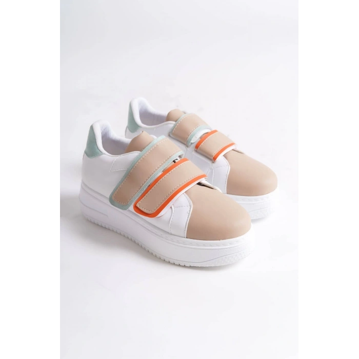 VALENCIA Bağcıksız Cırt Cırtlı Ortopedik Taban Kadın Sneaker Spor Ayakkabı CBT - Beyaz/Ten/Mavi