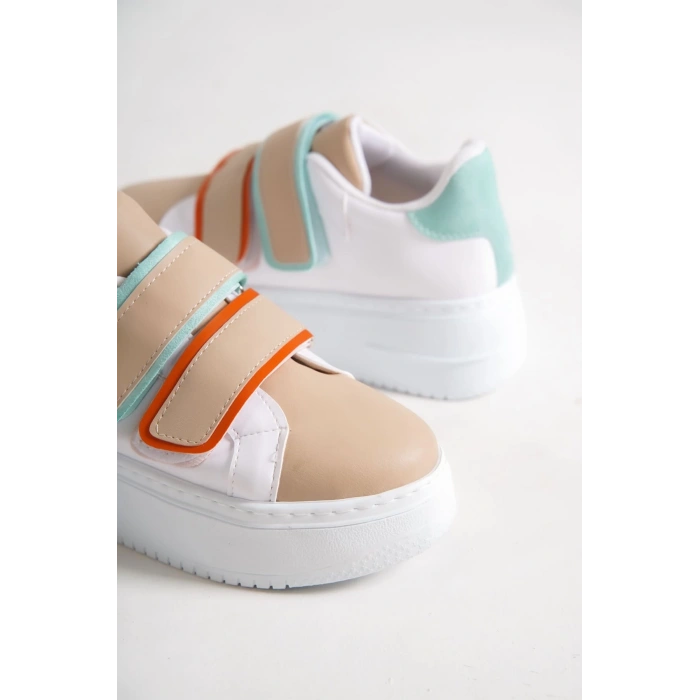 VALENCIA Bağcıksız Cırt Cırtlı Ortopedik Taban Kadın Sneaker Spor Ayakkabı CBT - Beyaz/Ten/Mavi