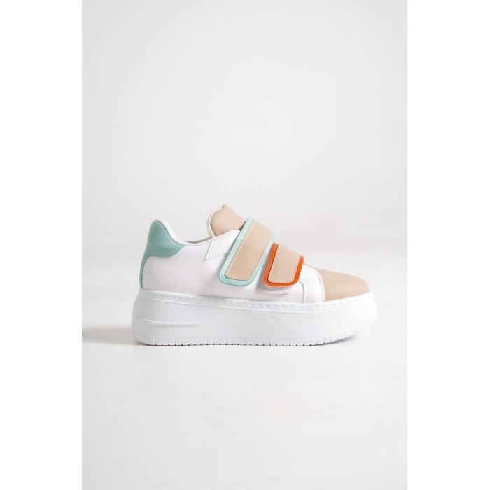 VALENCIA Bağcıksız Cırt Cırtlı Ortopedik Taban Kadın Sneaker Spor Ayakkabı CBT - Beyaz/Ten/Mavi