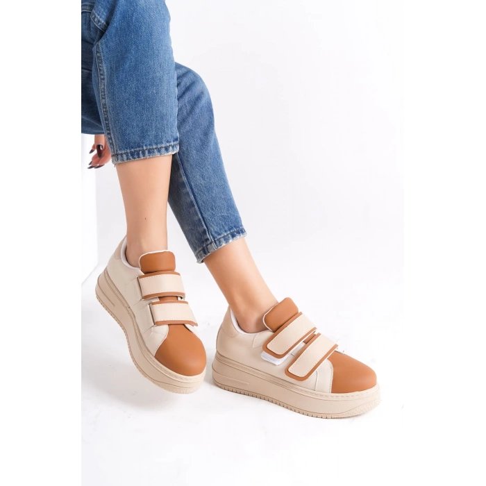 VALENCIA Bağcıksız Cırt Cırtlı Ortopedik Taban Kadın Sneaker Spor Ayakkabı CTT - Ten/Kahve