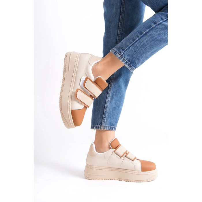 VALENCIA Bağcıksız Cırt Cırtlı Ortopedik Taban Kadın Sneaker Spor Ayakkabı CTT - Ten/Kahve