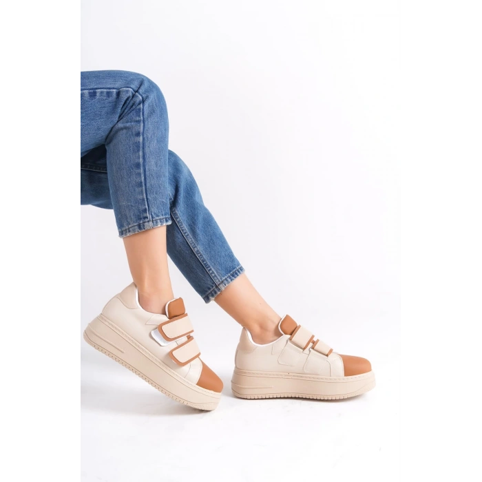 VALENCIA Bağcıksız Cırt Cırtlı Ortopedik Taban Kadın Sneaker Spor Ayakkabı CTT - Ten/Kahve