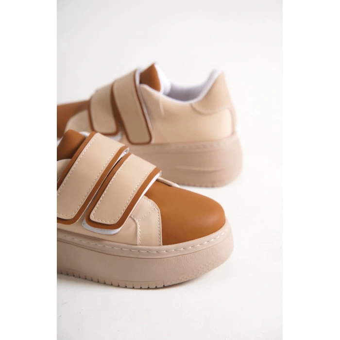 VALENCIA Bağcıksız Cırt Cırtlı Ortopedik Taban Kadın Sneaker Spor Ayakkabı CTT - Ten/Kahve