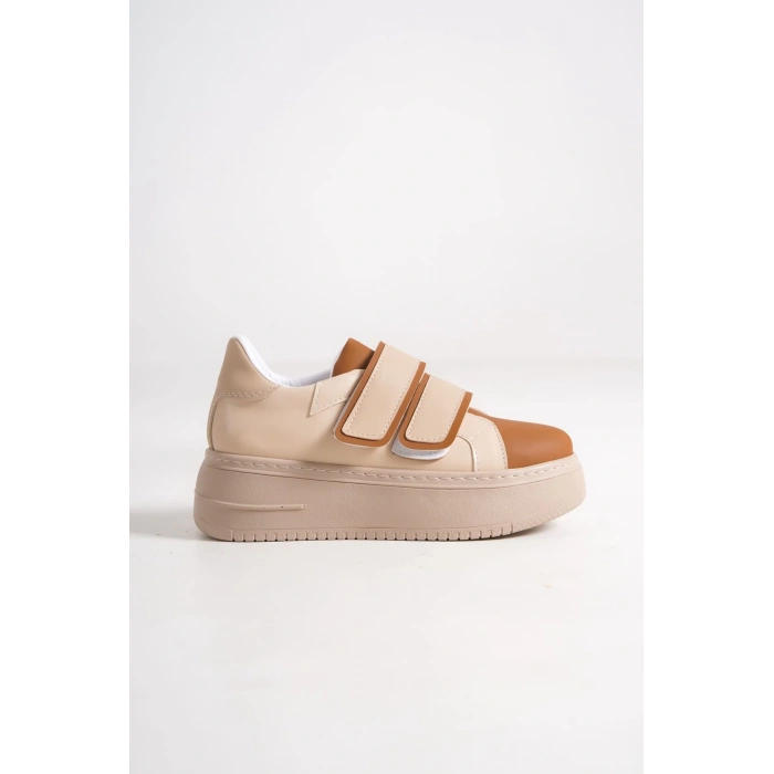 VALENCIA Bağcıksız Cırt Cırtlı Ortopedik Taban Kadın Sneaker Spor Ayakkabı CTT - Ten/Kahve