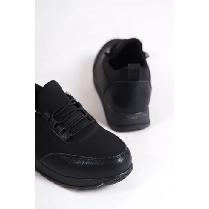 VIOLET Bağcıklı Lastikli Ortopedik Rahat Taban Cilt Detaylı Klasik Kadın Babet Anne Ayakkabısı CST - Siyah