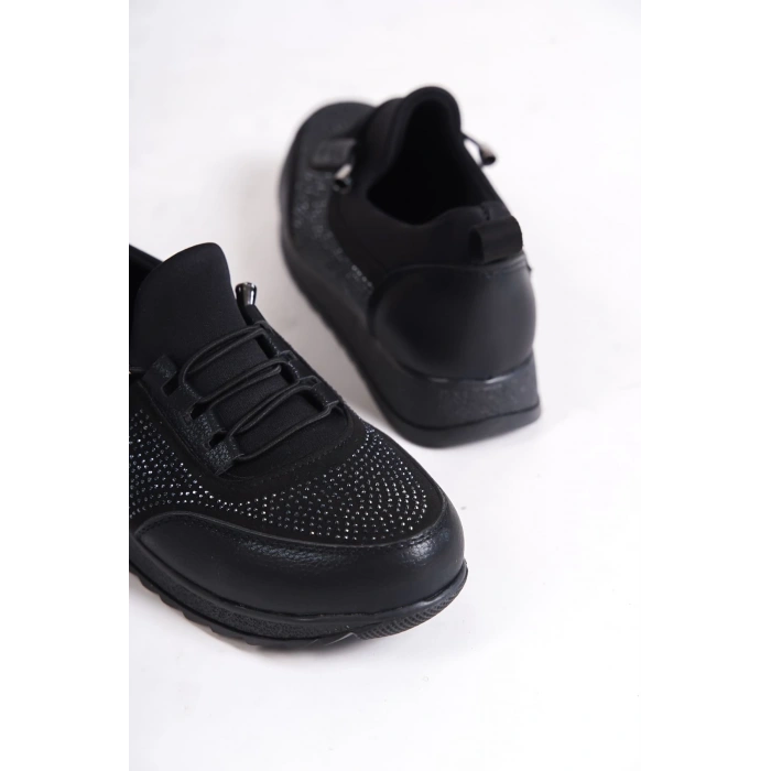 VIOLET Bağcıklı Lastikli Ortopedik Rahat Taban Taş Detaylı Klasik Kadın Babet Anne Ayakkabısı  CST - Siyah