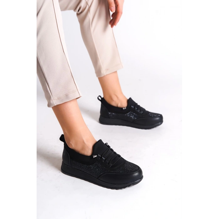 VIOLET Bağcıklı Lastikli Ortopedik Rahat Taban Taş Detaylı Klasik Kadın Babet Anne Ayakkabısı  CST - Siyah