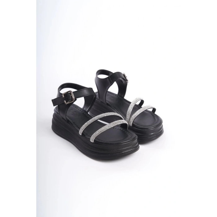 ZLOHE Kalın Tokalı Taşlı Şeritli Ortopedik Taban Kadın Sandalet  CST - Siyah
