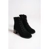 DIANA Bağcıklı Fermuarlı Ortopedik Taban Topuklu Süet Kadın Bot  SST - Siyah