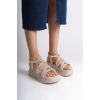 ELENA Lastikli Taşlı Şeritli Ortopedik Taban Kadın Sandalet  CKT - Krem