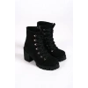 EMMA Bağcıklı Fermuarlı Ortopedik Taban Topuklu Süet Kadın Bot  SST - Siyah