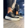 JY144 Volt Bağcıklı Cilt Erkek Günlük Sneaker Yüksek Taban Ayakkabı CBT Siyah