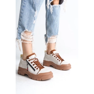 AGATHA Bağcıklı Fermuarlı Ortopedik Taban Kadın Sneaker Spor Ayakkabı  CTT - Krem