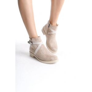 ALMILA Fermuarlı Lastikli Ortopedik Taban Topuklu Süet Kadın Bot  STT - Ten