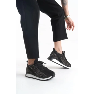 ALYA Bağcıklı Ortopedik Taban Taşlı Kadın Sneaker Spor Ayakkabı CBT - Siyah