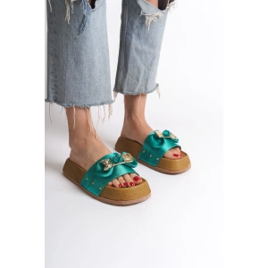 DILA Kalın ve Ortopedik Taban Ayıcıklı Saten Kadın Terlik  SKT - Yeşil