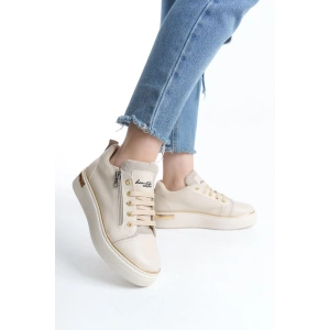 DINA Bağcıklı Fermuarlı Ortopedik Taban Kadın Sneaker Spor Ayakkabı  CKT - Krem/Altın