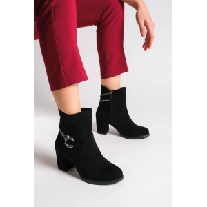 EDNA Fermuarlı Ortopedik Taban Taşlı Topuklu Süet Kadın Bot SST - Siyah