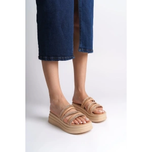 ELISE Düz Topuklu Şeritli Taşlı Kalın ve Ortopedik Taban Kadın Terlik  CTT - Ten