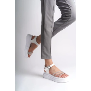 EVA Kalın Tokalı Taşlı Şeritli Ortopedik Taban Kadın Sandalet  CBT - Beyaz