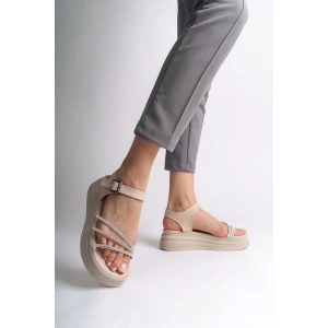 EVA Kalın Tokalı Taşlı Şeritli Ortopedik Taban Kadın Sandalet  CKT - Krem