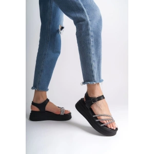 EVA Kalın Tokalı Taşlı Şeritli Ortopedik Taban Kadın Sandalet  CST - Siyah