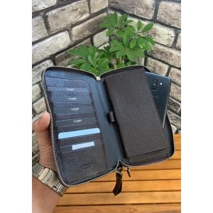 Guard Çift Fermuarlı Kahverengi Deri El Çantası