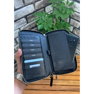 Guard Çift Fermuarlı Siyah Deri El Çantası