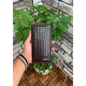 Guard Kahverengi Croco Baskılı Fermuarlı Portföy Cüzdan