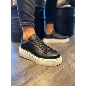 JY144 Volt Bağcıklı Cilt Erkek Günlük Sneaker Yüksek Taban Ayakkabı CBT Siyah