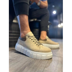 JY144 Volt Bağcıklı Süet Erkek Günlük Sneaker Yüksek Taban Ayakkabı SBT Krem