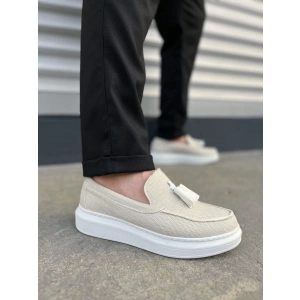 JY154 Blaze Bağcıksız Püsküllü Keten Erkek Günlük Spor Klasik Ayakkabı KBT - Beyaz