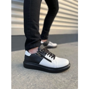 JY155 Warrior Bağcıklı ve Fermuarlı Cilt Erkek Günlük Sneaker Ayakkabı CST - Siyah/Beyaz