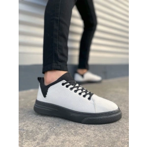 JY204 Flex Bağcıklı Keten Kumaş Erkek Günlük Sneaker Ayakkabı KST - Beyaz/Siyah