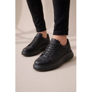 JY507 Dara Bağcıklı Cilt Erkek Günlük Sneaker Ayakkabı CST Siyah
