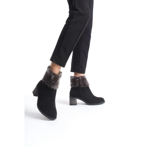 KATYA Fermuarlı Ortopedik Taban Topuklu Kürk Detaylı Süet Kadın Bot  SST - Siyah