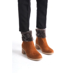 KATYA Fermuarlı Ortopedik Taban Topuklu Kürk Detaylı Süet Kadın Bot  STT - Taba