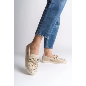 LAYLA Bağcıksız Ortopedik Rahat Taban Çiçek Desenli Kadın Babet Ayakkabı CKT - Krem