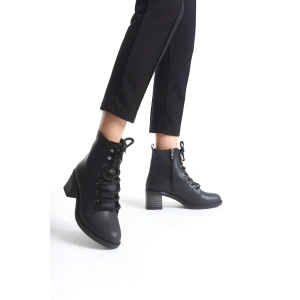 LENA Bağcıklı Fermuarlı Ortopedik Taban Topuklu Kadın Bot  CST - Siyah