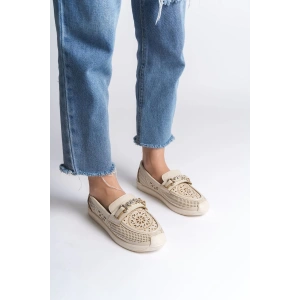 LILY Bağcıksız Ortopedik Rahat Taban Çiçek Desenli Kadın Babet Ayakkabı CKT - Krem